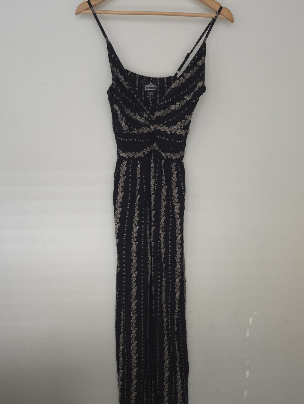 Angie Boho Black Maxi V Neck Dress with Cream Stripe Floral Print Strappy L